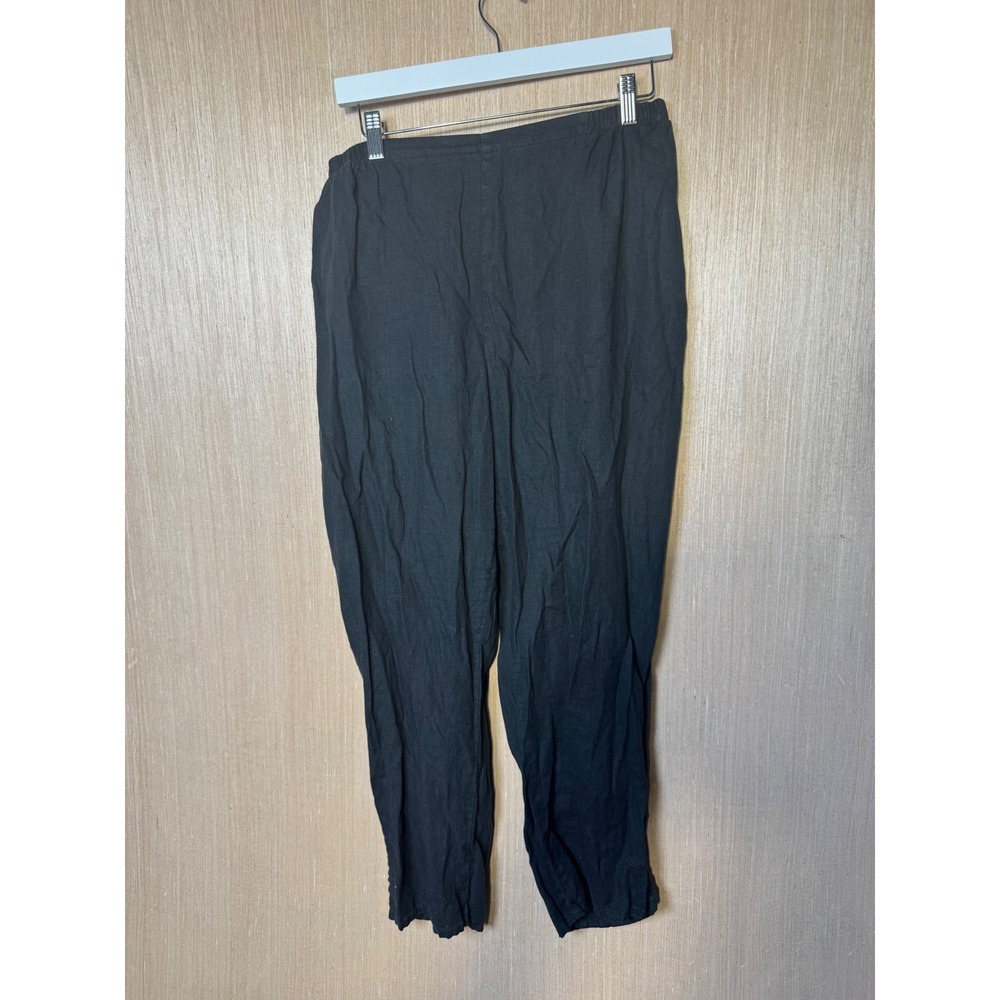 FLAX Women Black 100% Linen Elastic Waist Tapered Leg Lagenlook Pants Size L 2